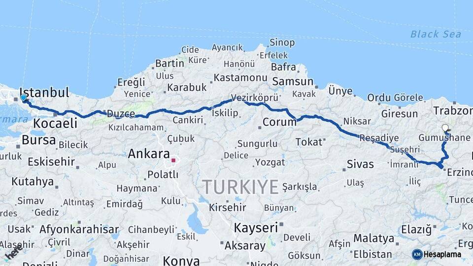 İstanbul Ümraniye Gümüşhane Arası Kaç Km - Yol Haritası