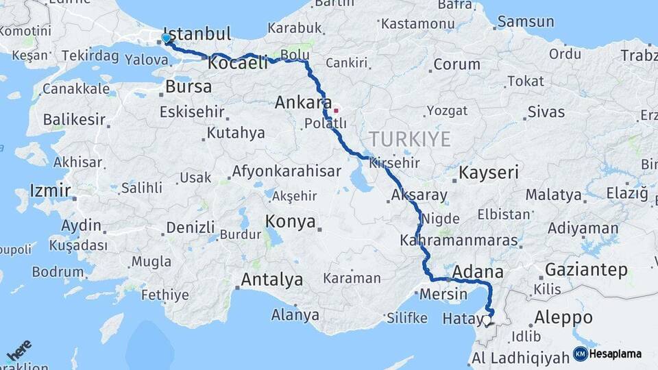 İstanbul Ümraniye Hatay Arası Kaç Km - Yol Haritası