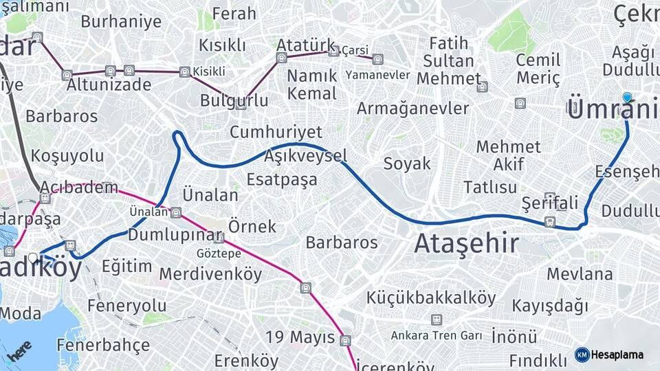 İstanbul Ümraniye Kadıköy Arası Kaç Km - Yol Haritası