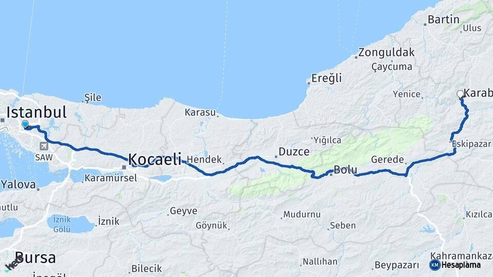 İstanbul Ümraniye Karabük Arası Kaç Km - Yol Haritası