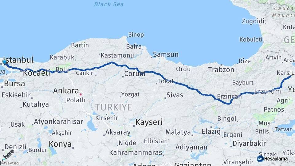 İstanbul Ümraniye Kars Arası Kaç Km - Yol Haritası