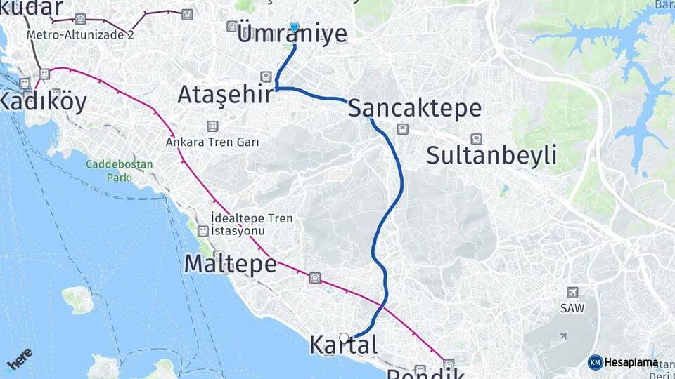 İstanbul Ümraniye Kartal Arası Kaç Km - Yol Haritası