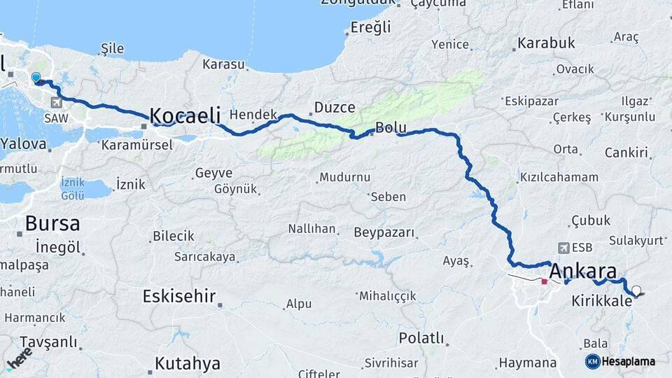 İstanbul Ümraniye Kırıkkale Arası Kaç Km - Yol Haritası