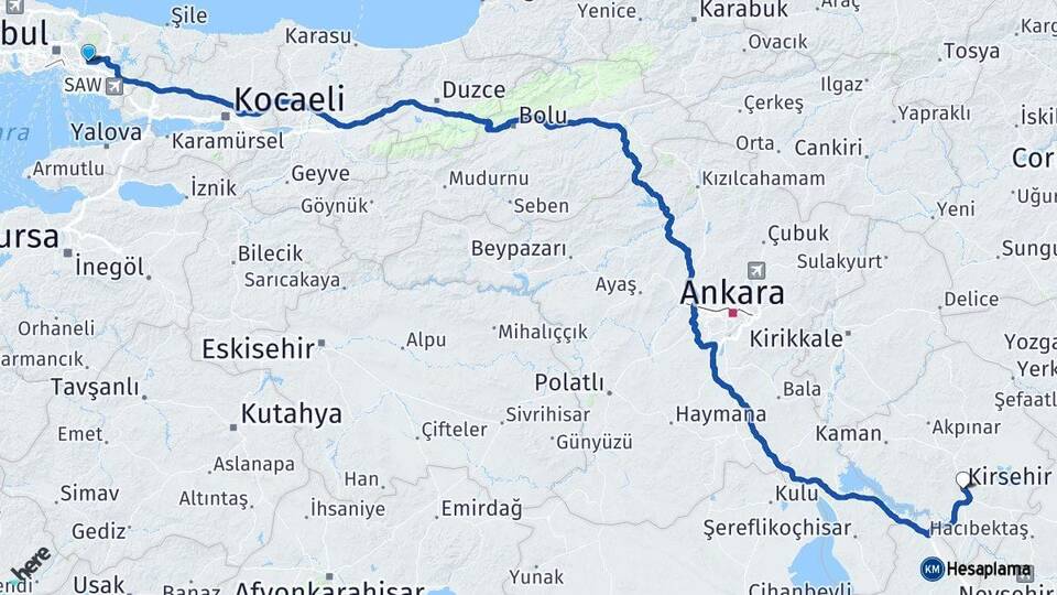 İstanbul Ümraniye Kırşehir Arası Kaç Km - Yol Haritası