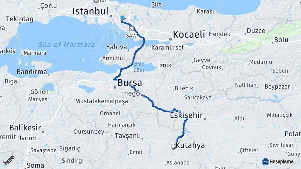 İstanbul Ümraniye Kütahya Arası Kaç Km - Yol Haritası