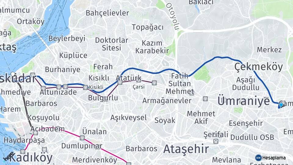 İstanbul Ümraniye Madenler Üsküdar Arası Kaç Km - Yol Haritası