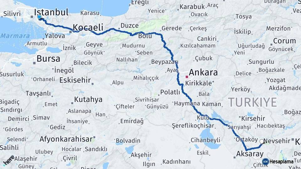 İstanbul Ümraniye Nevşehir Arası Kaç Km - Yol Haritası
