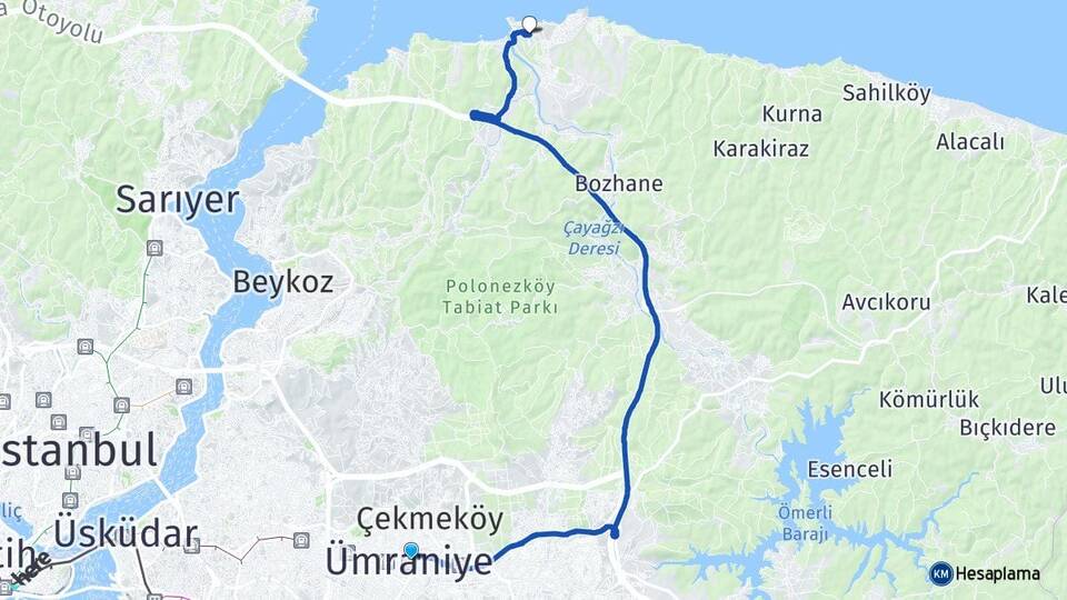 İstanbul Ümraniye Riva Beykoz Arası Kaç Km - Yol Haritası