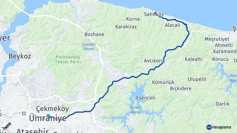 İstanbul Ümraniye Sahilköy Şile Arası Kaç Km - Yol Haritası