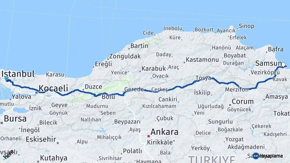 İstanbul Ümraniye Samsun Arası Kaç Km - Yol Haritası