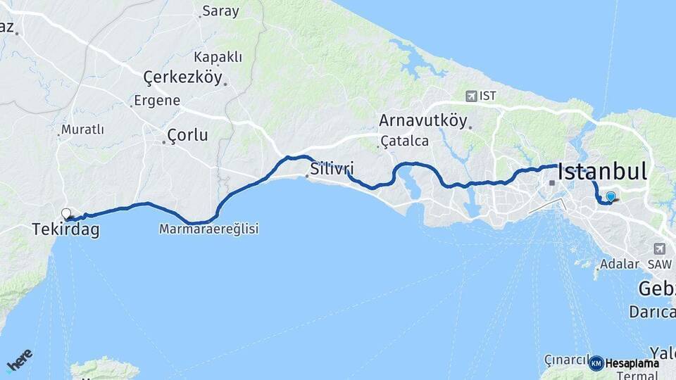 İstanbul Ümraniye Tekirdağ Arası Kaç Km - Yol Haritası