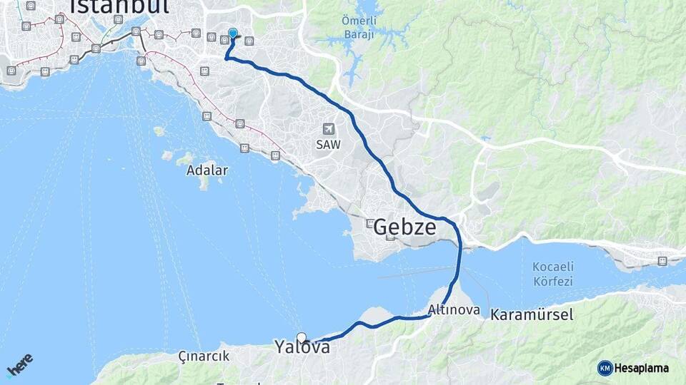 İstanbul Ümraniye Yalova Arası Kaç Km - Yol Haritası