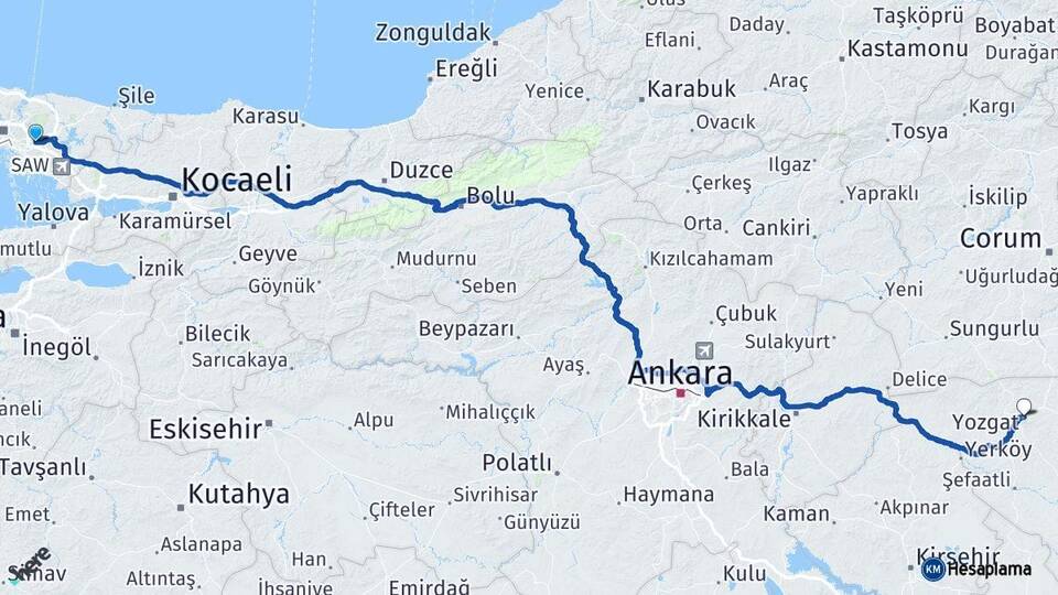 İstanbul Ümraniye Yozgat Arası Kaç Km - Yol Haritası