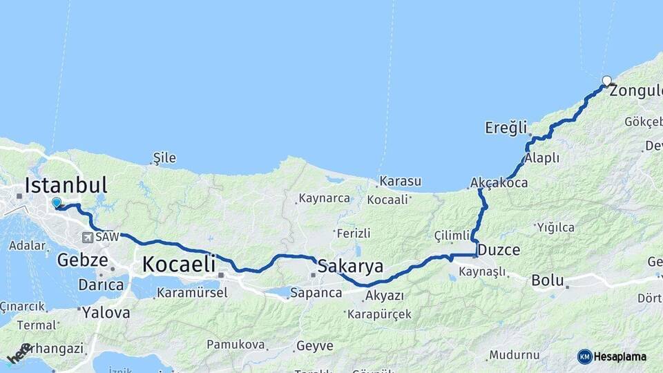 İstanbul Ümraniye Zonguldak Arası Kaç Km - Yol Haritası