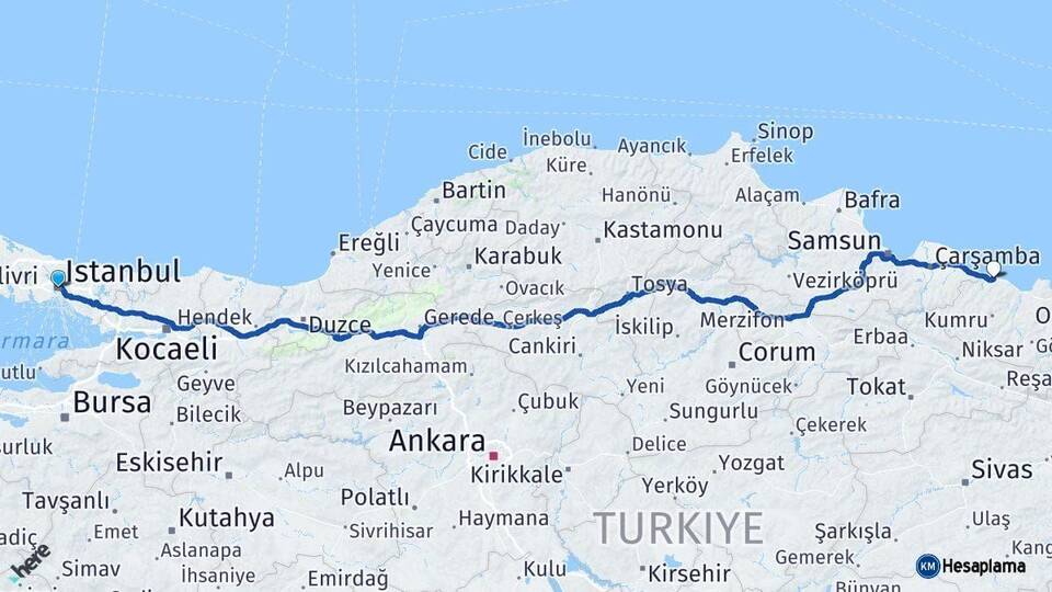 İstanbul Ünye Ordu Arası Kaç Km - Yol Haritası