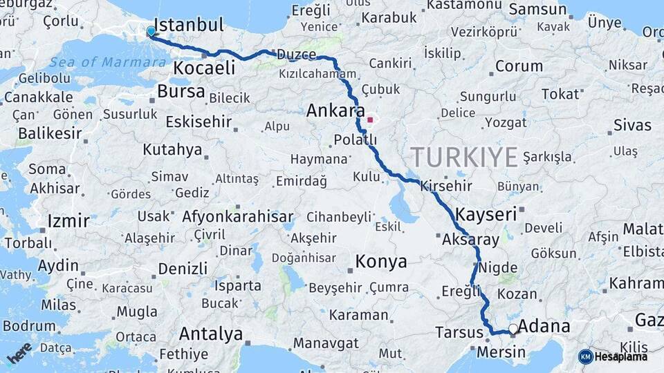 İstanbul Üsküdar Adana Arası Kaç Km - Yol Haritası
