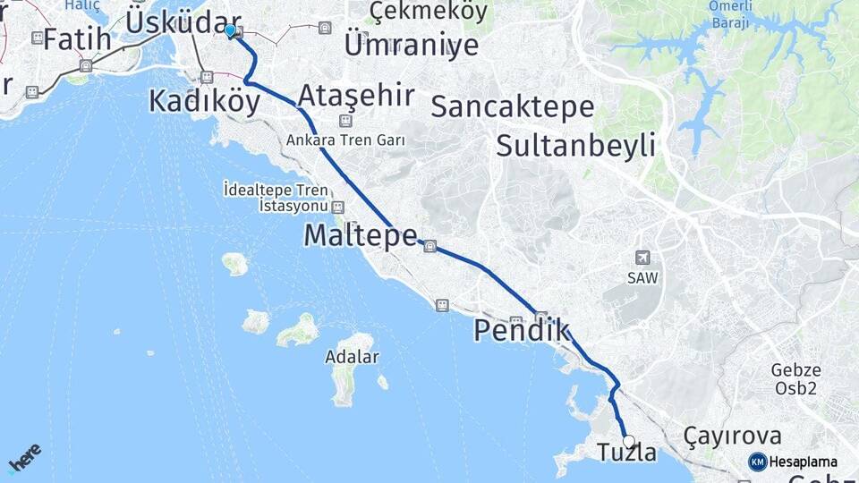 İstanbul Üsküdar Altunizade Tuzla Arası Kaç Km - Yol Haritası