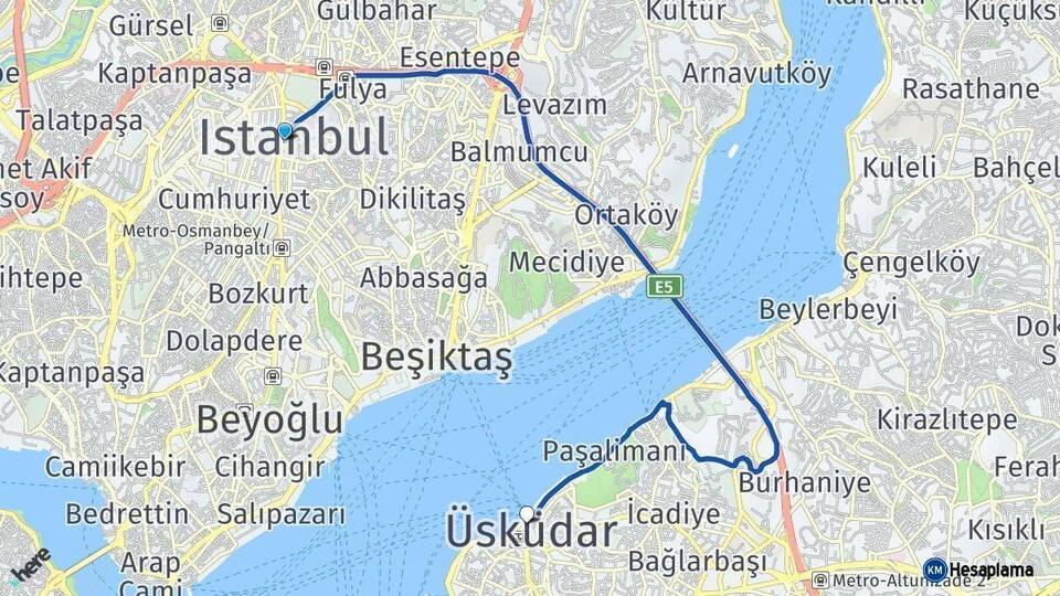 İstanbul Üsküdar Arası Kaç Km - Yol Haritası