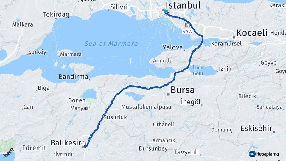 İstanbul Üsküdar Balıkesir Arası Kaç Km - Yol Haritası