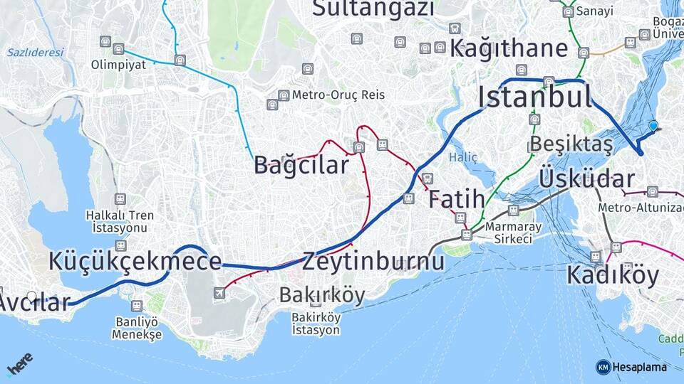 İstanbul Üsküdar Beylerbeyi Avcılar Arası Kaç Km - Yol Haritası