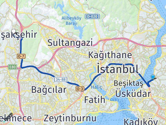 İstanbul Üsküdar Beylerbeyi Başakşehir Arası Kaç Km - Yol Haritası