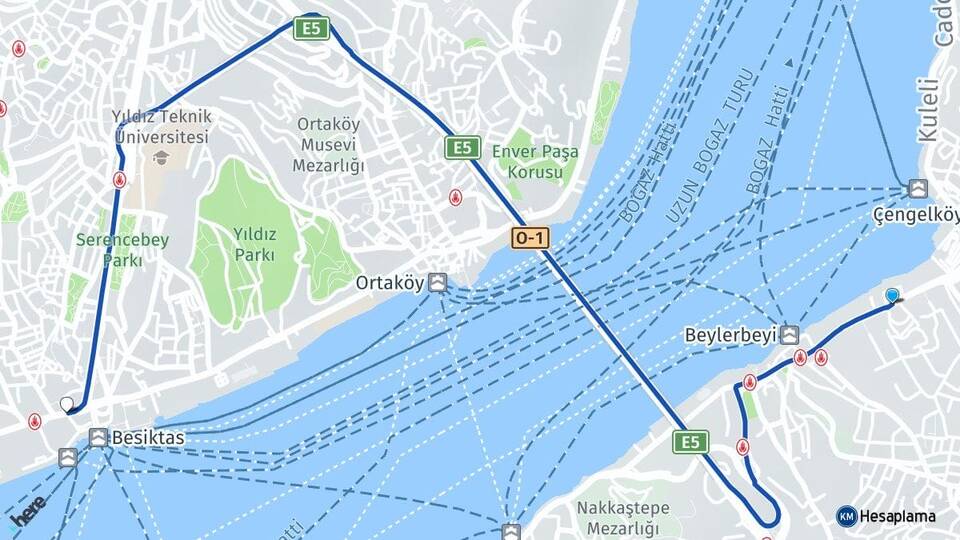 İstanbul Üsküdar Beylerbeyi Beşiktaş Arası Kaç Km - Yol Haritası