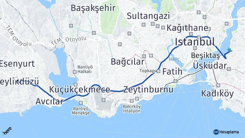 İstanbul Üsküdar Beylerbeyi Beylikdüzü Arası Kaç Km - Yol Haritası