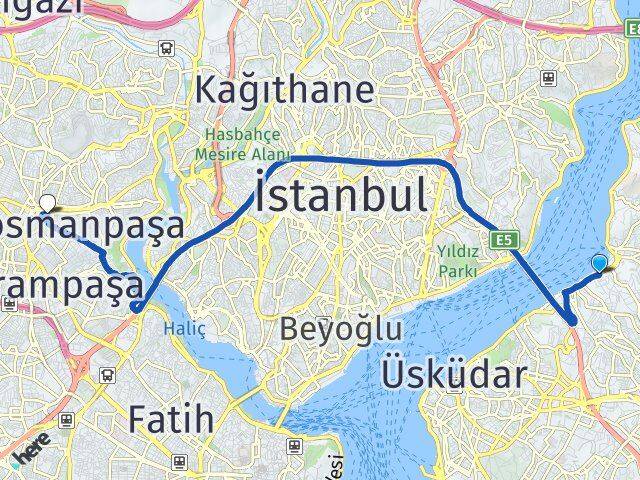 İstanbul Üsküdar Beylerbeyi Gaziosmanpaşa Arası Kaç Km - Yol Haritası