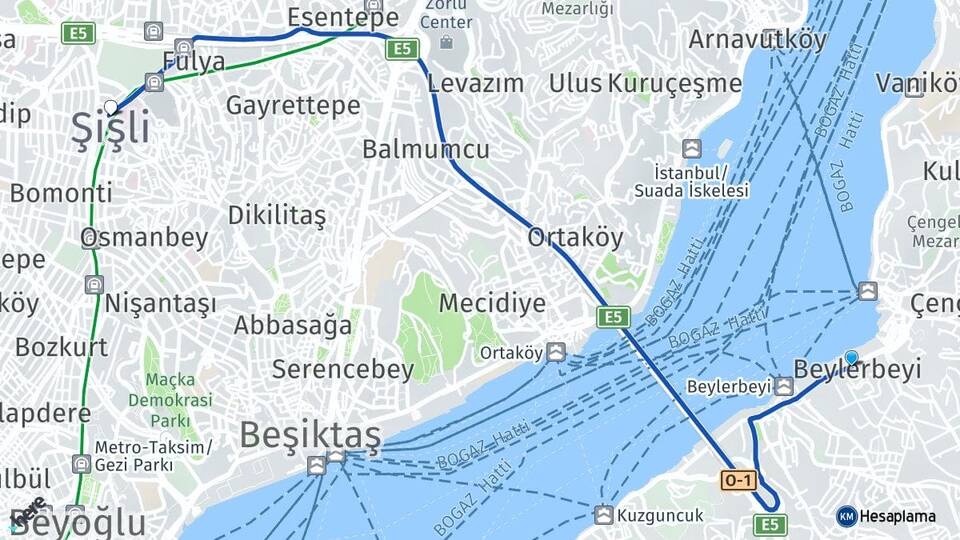 İstanbul Üsküdar Beylerbeyi Şişli Arası Kaç Km - Yol Haritası