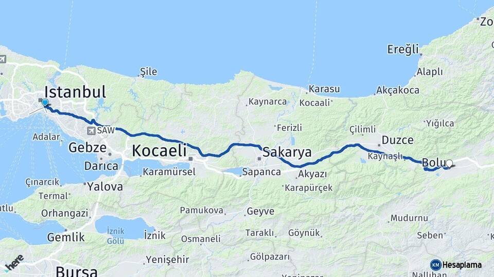 İstanbul Üsküdar Bolu Arası Kaç Km - Yol Haritası