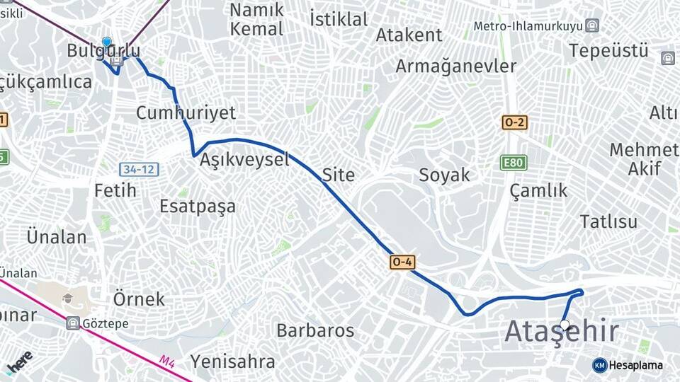 İstanbul Üsküdar Bulgurlu Ataşehir Arası Kaç Km - Yol Haritası