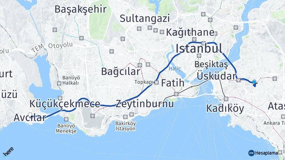 İstanbul Üsküdar Bulgurlu Avcılar Arası Kaç Km - Yol Haritası