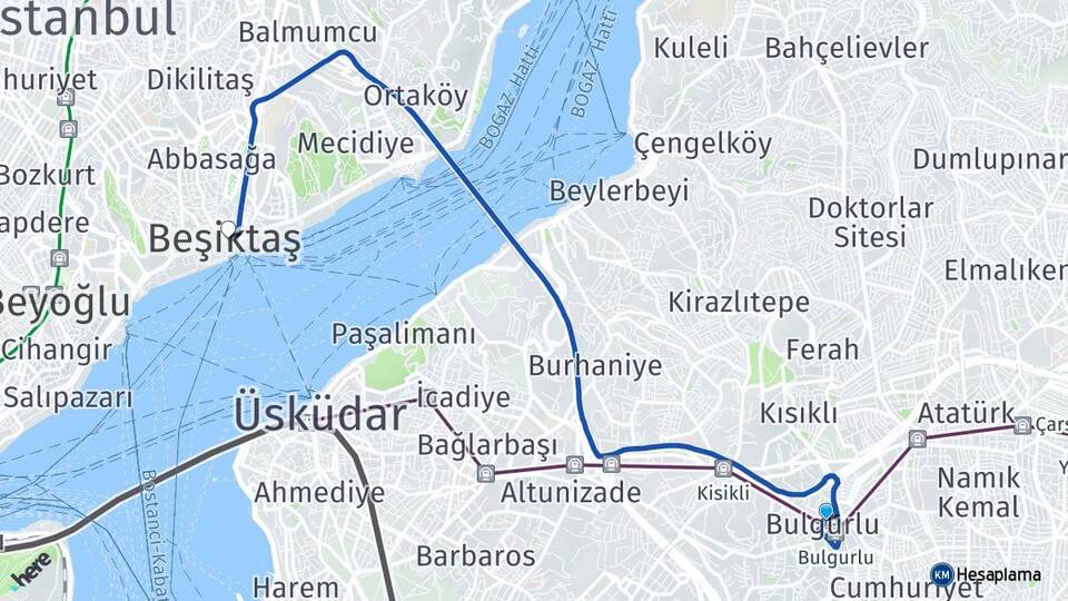 İstanbul Üsküdar Bulgurlu Beşiktaş Arası Kaç Km - Yol Haritası