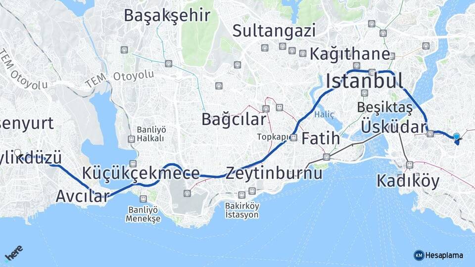 İstanbul Üsküdar Bulgurlu Beylikdüzü Arası Kaç Km - Yol Haritası