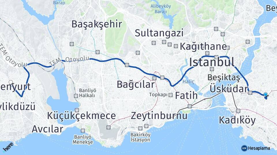 İstanbul Üsküdar Bulgurlu Esenyurt Arası Kaç Km - Yol Haritası