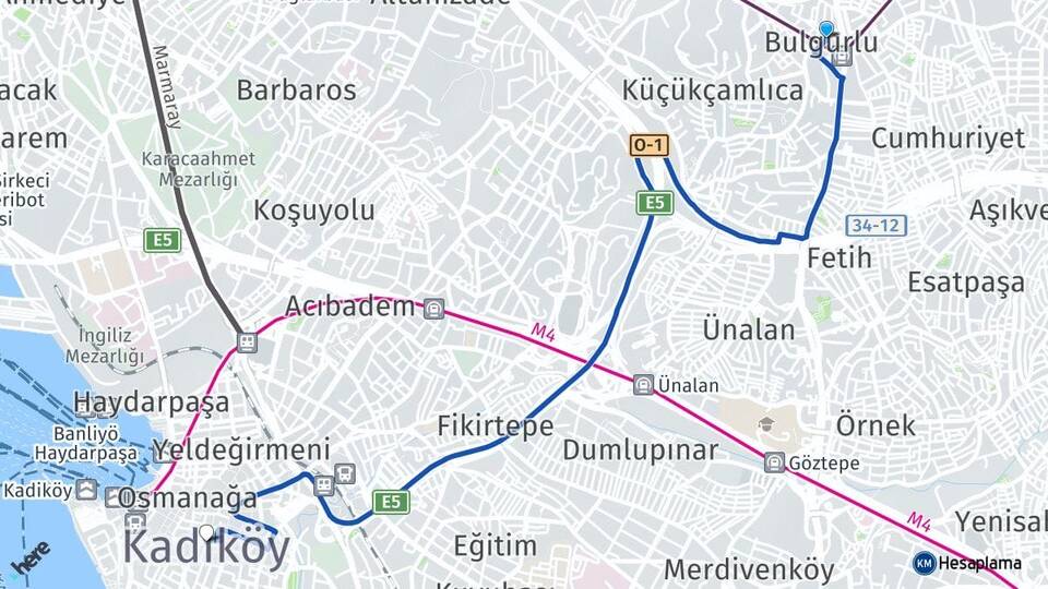 İstanbul Üsküdar Bulgurlu Kadıköy Arası Kaç Km - Yol Haritası