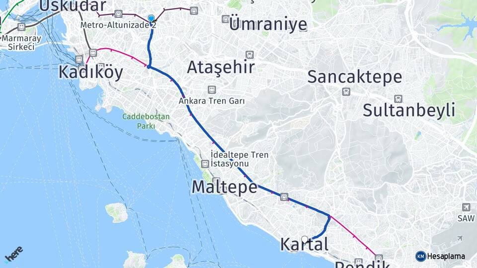 İstanbul Üsküdar Bulgurlu Kartal Arası Kaç Km - Yol Haritası