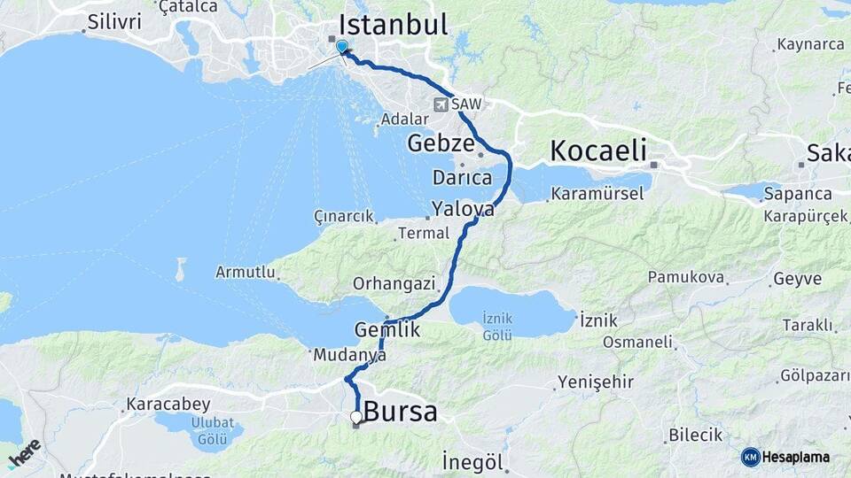 İstanbul Üsküdar Bursa Arası Kaç Km - Yol Haritası