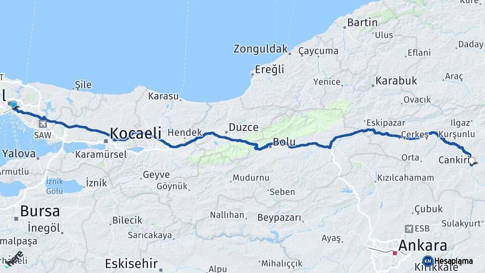 İstanbul Üsküdar Çankırı Arası Kaç Km - Yol Haritası