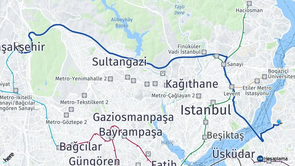 İstanbul Üsküdar Çengelköy Başakşehir Arası Kaç Km - Yol Haritası