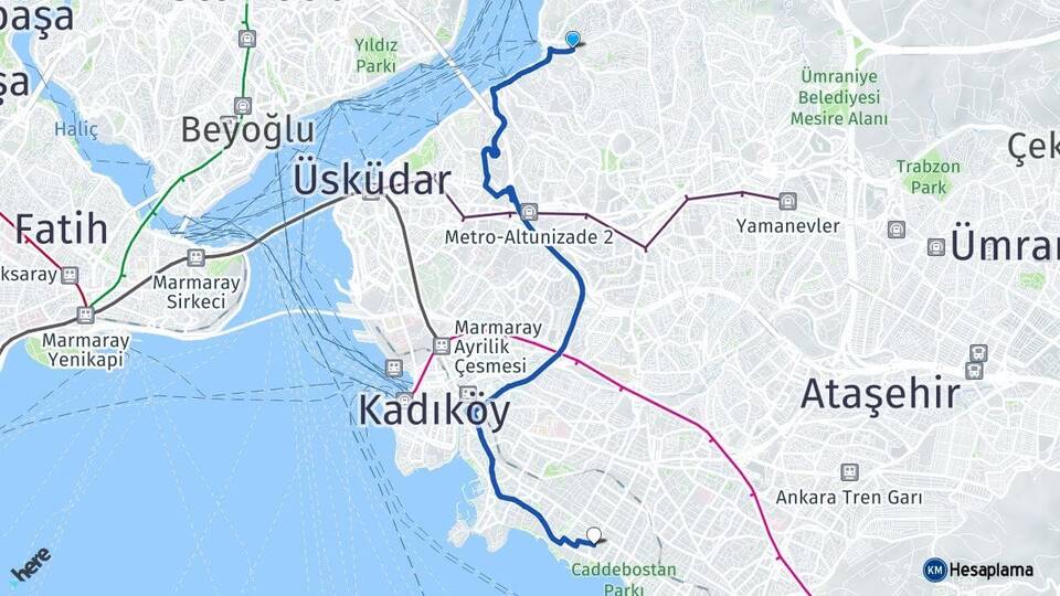 İstanbul Üsküdar Çengelköy Caddebostan Kadıköy Arası Kaç Km - Yol Haritası
