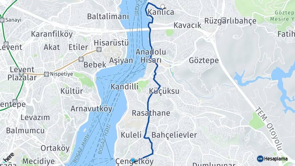 İstanbul Üsküdar Çengelköy Kanlıca Beykoz Arası Kaç Km - Yol Haritası