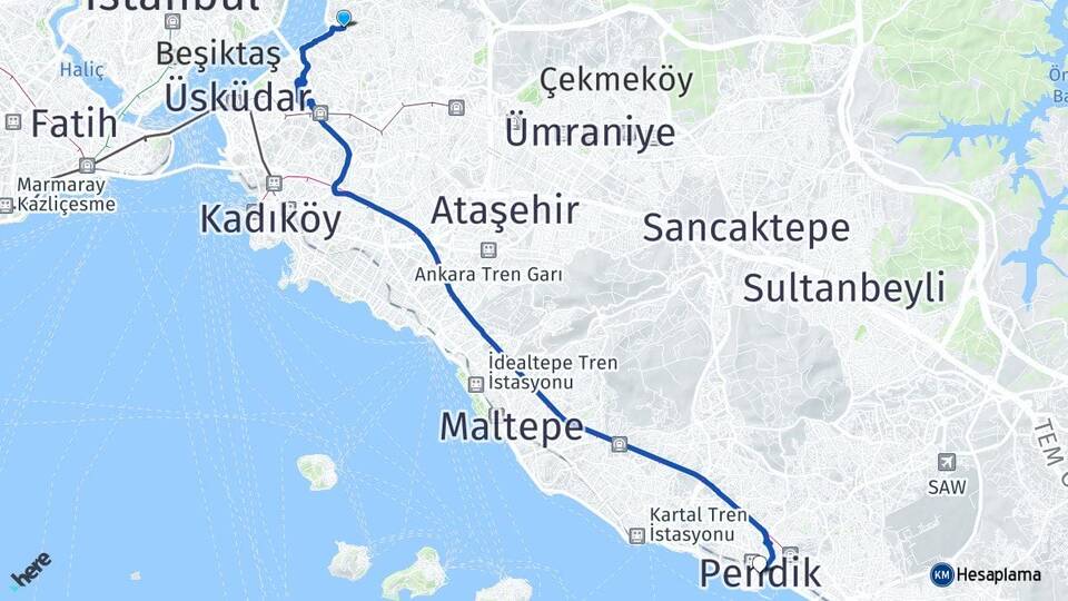 İstanbul Üsküdar Çengelköy Pendik Arası Kaç Km - Yol Haritası