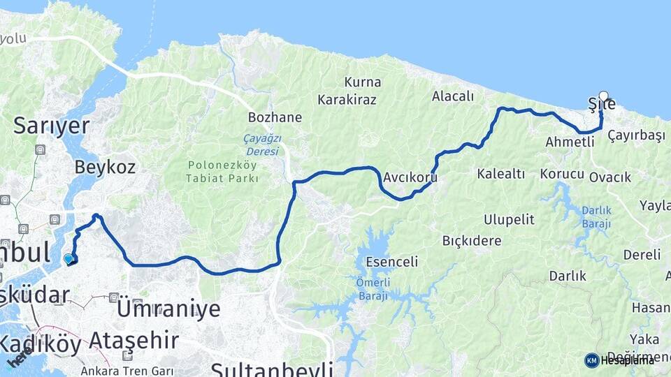 İstanbul Üsküdar Çengelköy Şile Arası Kaç Km - Yol Haritası