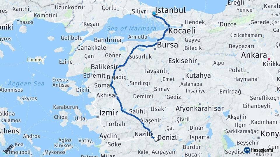 İstanbul Üsküdar Denizli Arası Kaç Km - Yol Haritası