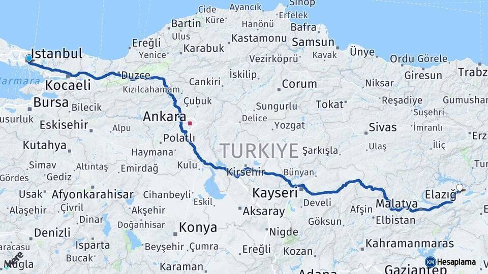 İstanbul Üsküdar Elazığ Arası Kaç Km - Yol Haritası