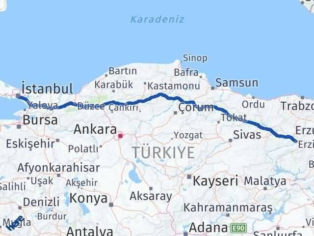İstanbul Üsküdar Erzincan Arası Kaç Km - Yol Haritası