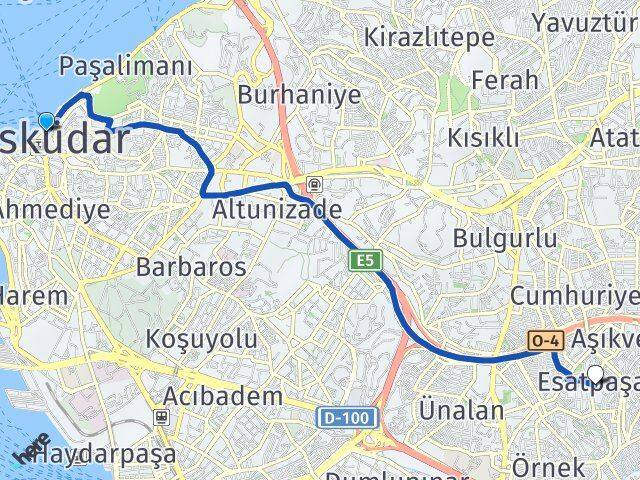 İstanbul Üsküdar Esatpaşa Ataşehir Arası Kaç Km - Yol Haritası