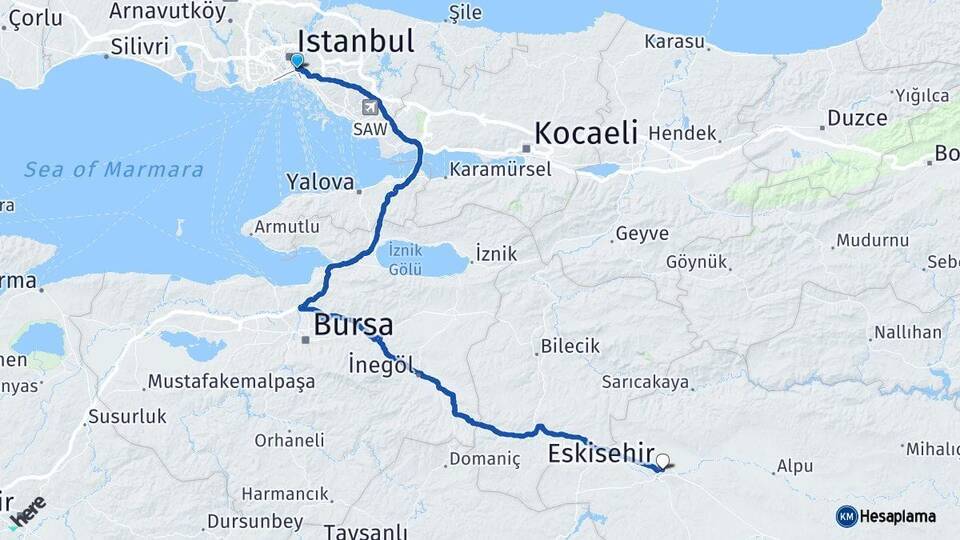 İstanbul Üsküdar Eskişehir Arası Kaç Km - Yol Haritası