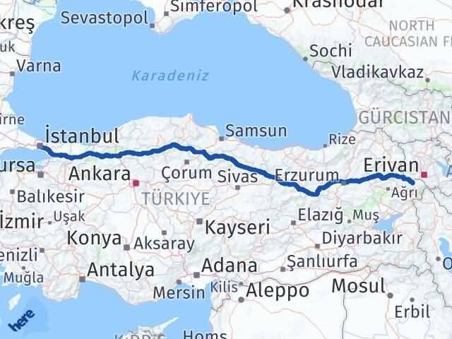 İstanbul Üsküdar Iğdır Arası Kaç Km - Yol Haritası